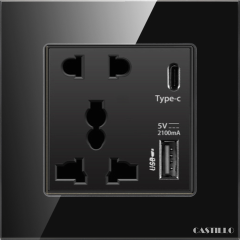 Ổ cắm đôi + USB x2 (Type C) Kính cường lực ĐEN