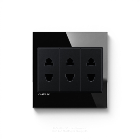 Ổ cắm 2 chấu x3 Kính cường lực ĐEN