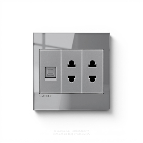Ổ cắm Internet +  2 Ổ cắm Kính cường lực XÁM