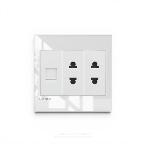 Ổ cắm Internet +  2 Ổ cắm Kính cường lực TRẮNG