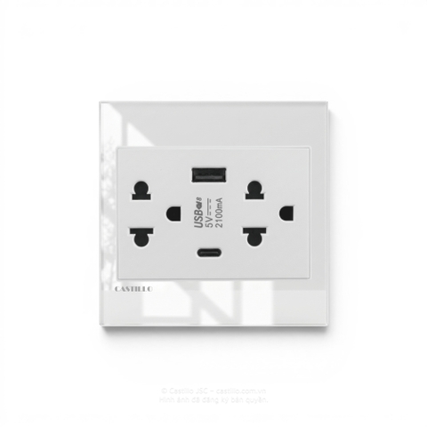 Ổ cắm đôi THÁI + USB x2 (C+A) Kính cường lực TRẮNG