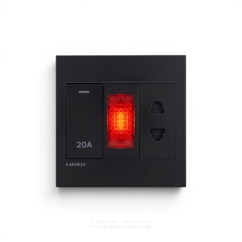 Công tắc 20A + Đèn báo + Ổ cắm Nhựa ĐEN