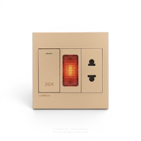Công tắc 20A + Đèn báo + Ổ cắm Nhựa VÀNG