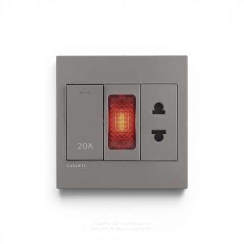 Công tắc 20A + Đèn báo + Ổ cắm Nhựa XÁM