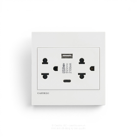Ổ cắm đôi Thái + USB x2 (A+C) Nhựa TRẮNG