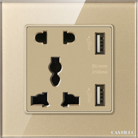 Ổ cắm đôi + USB x2 (Type A) Kính cường lực VÀNG