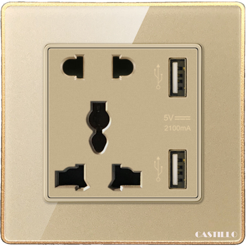 Ổ cắm đôi + USB x2 (Type A) Khung VÀNG Kính VÀNG