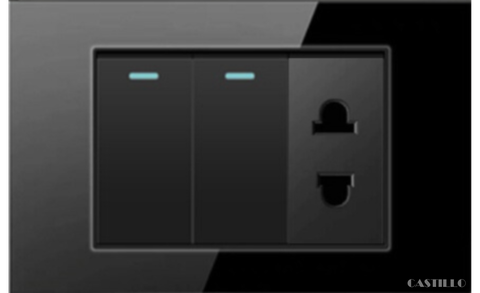 Công tắc 2 phím + 1 Ổ cắm Kính cường lực ĐEN