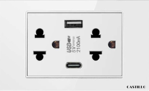 Ổ cắm đôi Kiểu Thái + USB x2 (Type C) Kính cường lực TRẮNG