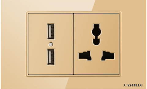 Ổ cắm đôi + USB x2 Kính cường lực VÀNG