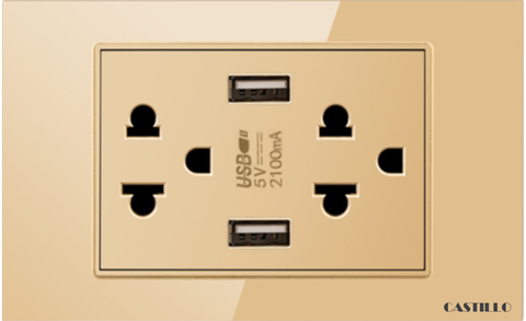 Ổ cắm đôi Kiểu Thái + USB x2 (A) Kính cường lực VÀNG