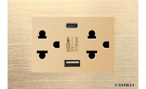 Ổ cắm đôi Kiểu Thái + USB x2 (Type A+C) Nhôm Xước VÀNG