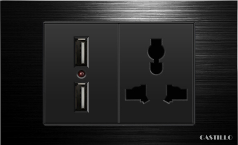 Ổ cắm + USB x2 Nhôm xước ĐEN