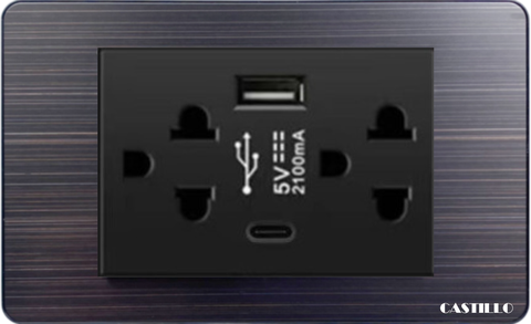 Ổ cắm đôi + USB x2 (A+C) Inox xước ĐEN
