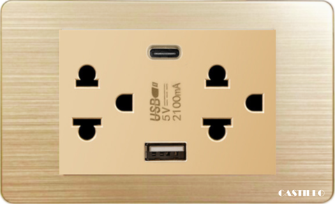 Ổ cắm đôi Kiểu Thái + USB x2 (TypeC) Inox Xước VÀNG