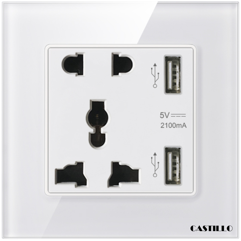 Ổ cắm đôi + USB x2 Kính cường lực TRẮNG