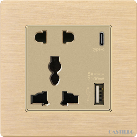 Ổ cắm Đa Năng + USB x2 (Type C) Nhôm xước VÀNG