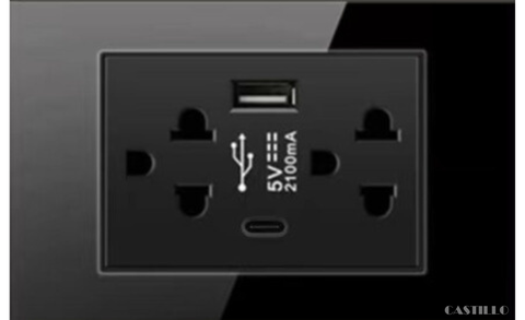 Ổ cắm đôi Kiểu Thái + USB x2 (Type C) Kính cường lực ĐEN