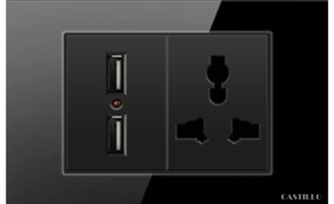 Ổ cắm đôi + USB x2 Kính cường lực ĐEN