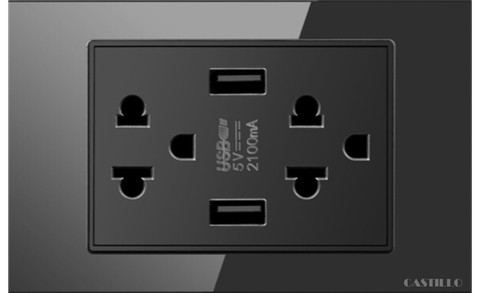 Ổ cắm đôi Thái + USB x2 (A) Kính cường lực ĐEN