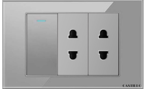 Công tắc 1 phím + 2 Ổ cắm Kính cường lực XÁM