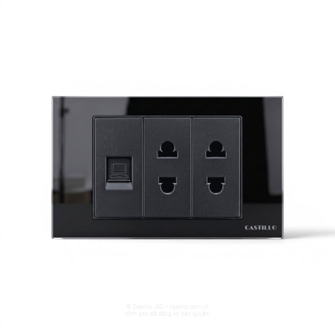 Ổ cắm Internet +  2 ổ cắm 2 chấu Kính cường lực ĐEN