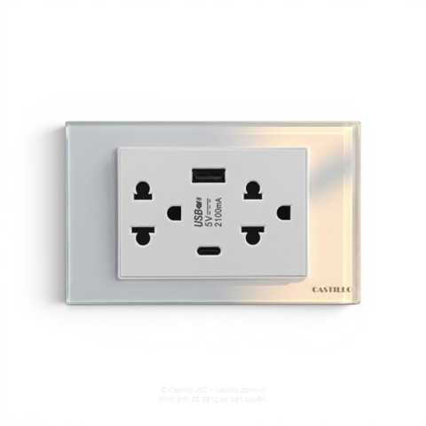 Ổ cắm đôi Kiểu Thái + USB x2 (Type C) Kính cường lực TRẮNG
