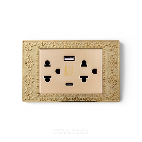 Ổ cắm đôi Kiểu Thái + USB x2 (A+C) Hoa văn vàng 24k