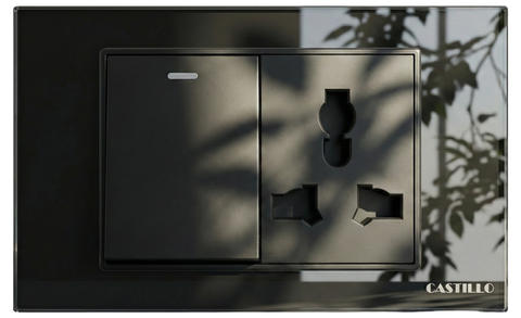 1 Công tắc + 1 Ổ cắm đa năng Kính cường lực ĐEN