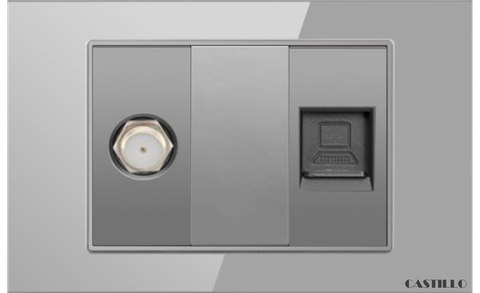 Ổ cắm Internet + Tivi Kính cường lực XÁM