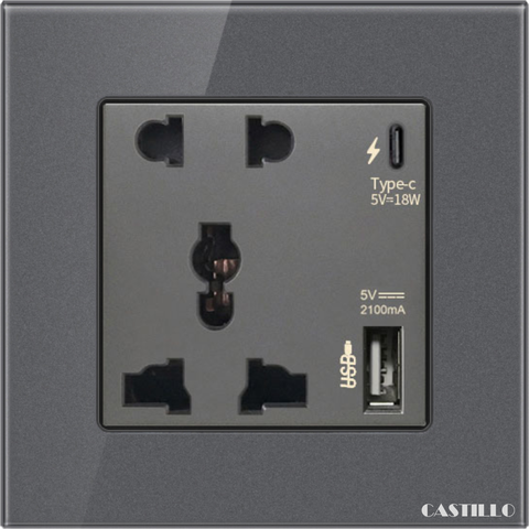 Ổ cắm đôi + USB x2 (Type C) Kính cường lực XÁM