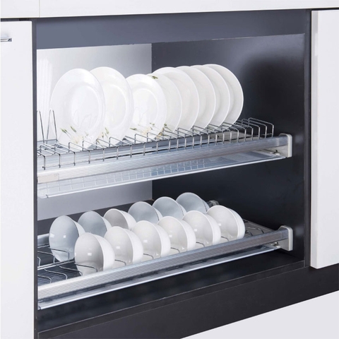 Giá bát đĩa cố định 2 tầng khung nhôm nan tròn Inoxen BCD304-60/70/80/90