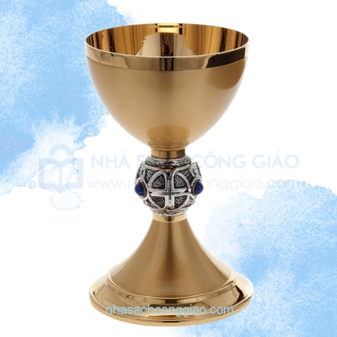 Chén Lễ Italy xi vàng CLXV141 - Mẫu tay nắm Thánh Giá Celtic gắn ngọc lưu ly xanh 