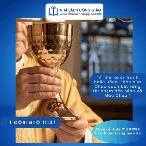 Chén lễ Italy CLXV1289 chân gắn Thánh Giá tráng men đỏ