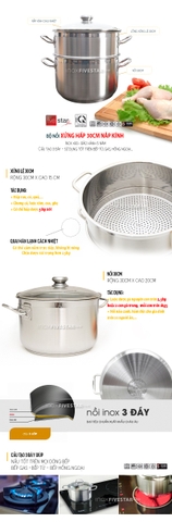 Bộ nồi xửng hấp Inox Fivestar 30cm nắp kính