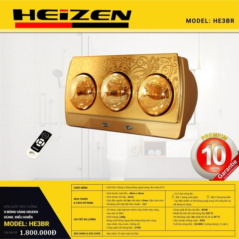 Đèn sưởi nhà tắm 3 bóng có điều khiển Heizen HE3BR