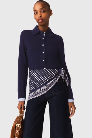 Áo len MAJE navy cổ bẻ cải tay sơ mi kẻ xanh