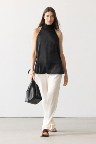 Áo MASSIMO DUTTI lụa satin nơ cổ