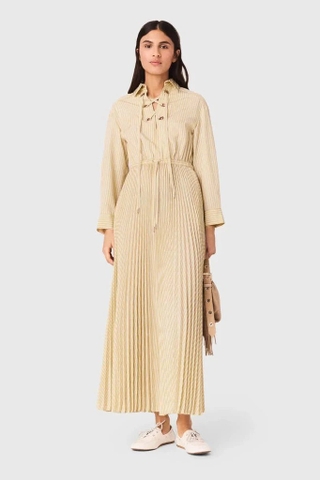 Váy maxi MAJE kẻ nâu có lỗ xẻ dây