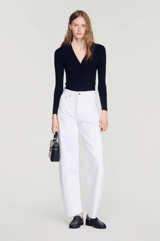 Cardigan SANDRO đen viền ren sườn