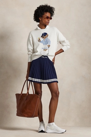 Áo len RALPH LAUREN trắng gấu set váy áo kẻ xanh