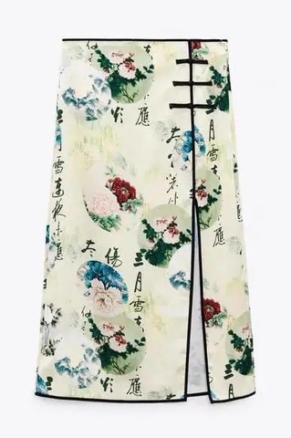 Chân váy ZR lụa satin họa tiết, xẻ đùi