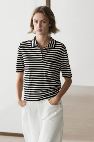 Áo MASSIMO DUTTI cổ bẻ kẻ navy trắng