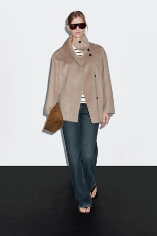 Áo dạ MASSIMO DUTTI nâu kem cổ đứng