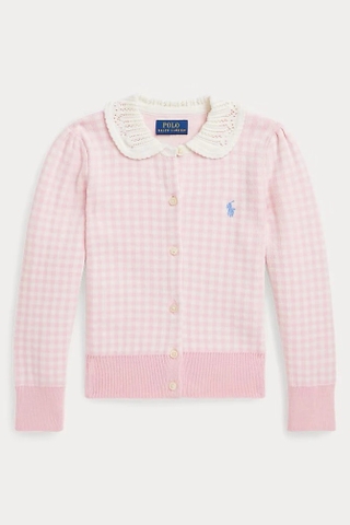 Cardigan RALPH LAUREN kẻ hồng cổ sen