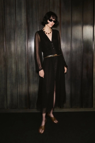 Váy MANGO voan đen buộc eo