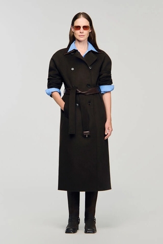 Áo dạ SANDRO nâu cổ da dáng dài kèm belt