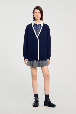 Cardigan SANDRO navy viền trắng xuông