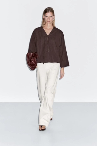Sơ mi MASSIMO DUTTI nâu cột nơ