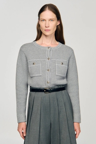 Cardigan SANDRO ghi viền trắng